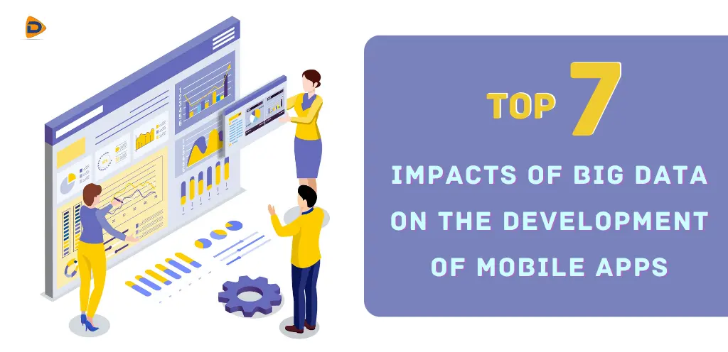 isometric vector illustration process working with big database on mobile app development with title "Top 7 Impact of Big Data on Mobile Apps Development"