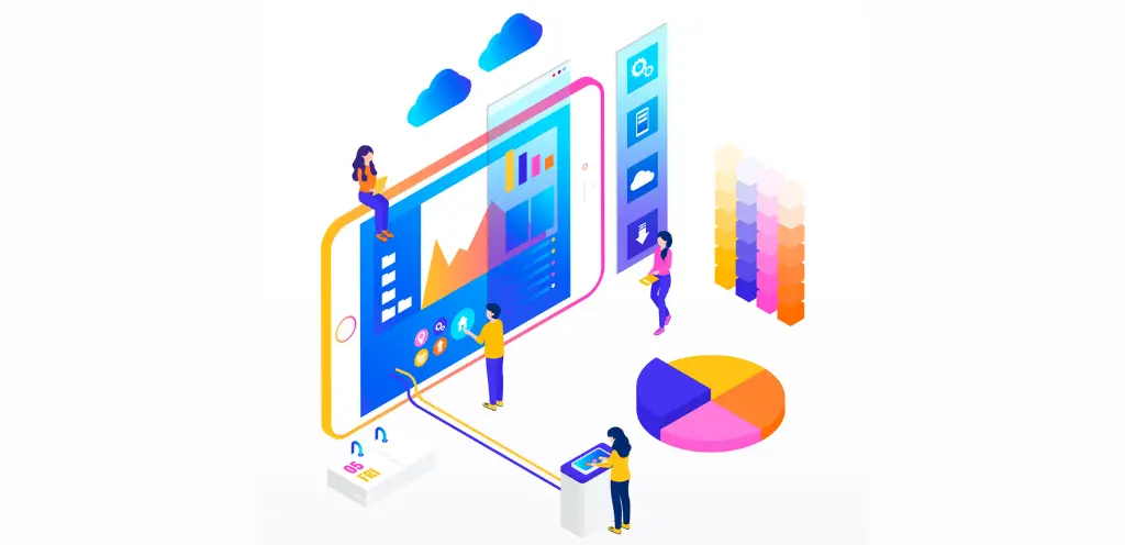 Isometric infographic with charts and people